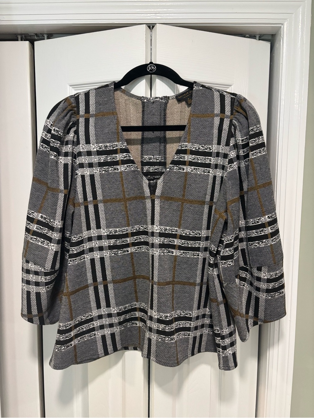 Current Air Gray and Brown Plaid V-Neck Blouse
